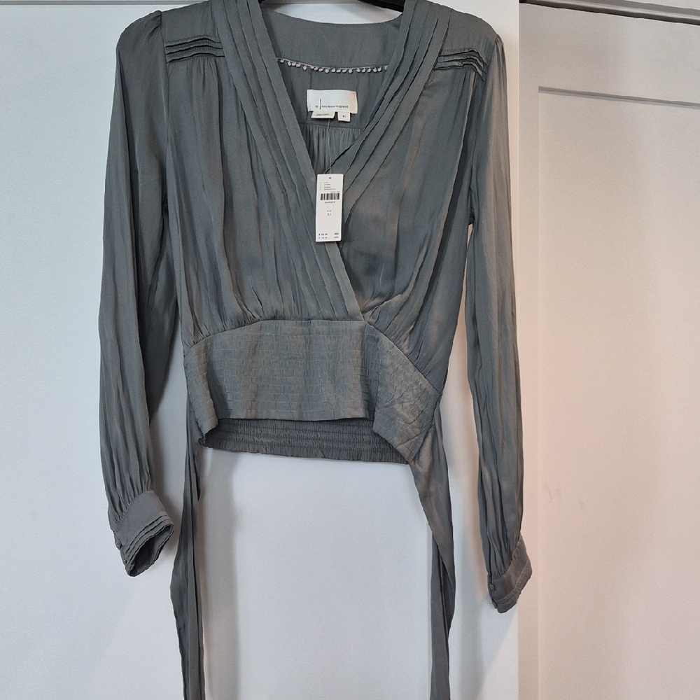 Anthropologie sage gray pleated wrap blouse